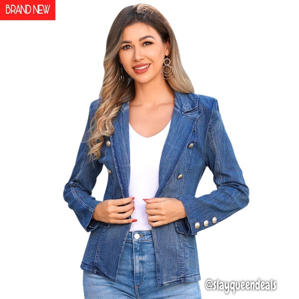 Denim Blazer Suit Slim Fit Double-Breasted Button Down Office Work Jacket